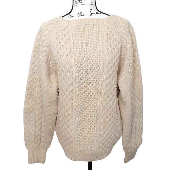 Vintage 80s Pure Irish Wool Cable Knit Bainin Sweater Handmade Aran Jumper L - Picture 1 of 8
